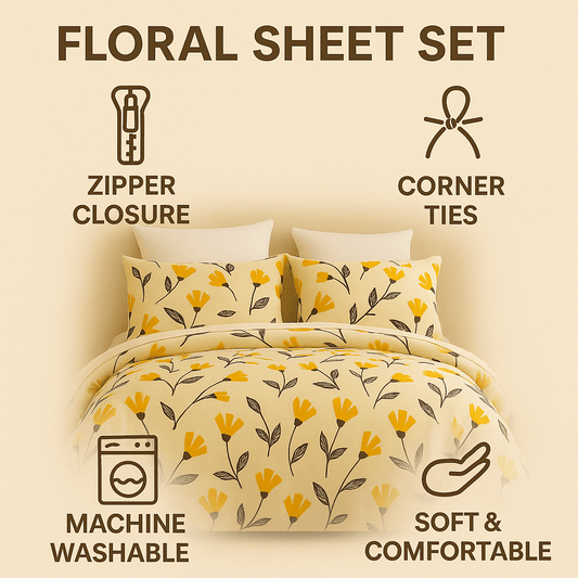 Yellow Fleur Floral Golden Orange Ivory Duvet Cover Set w/ Pillow Cases