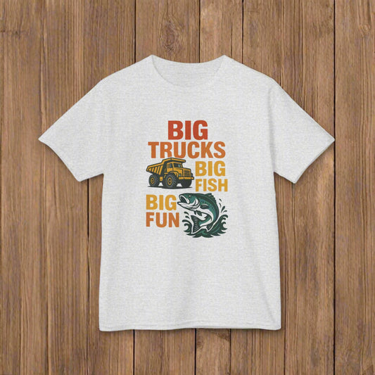Gray t-shirt with 'Big Trucks Big Fish Big Fun' graphic on a white background