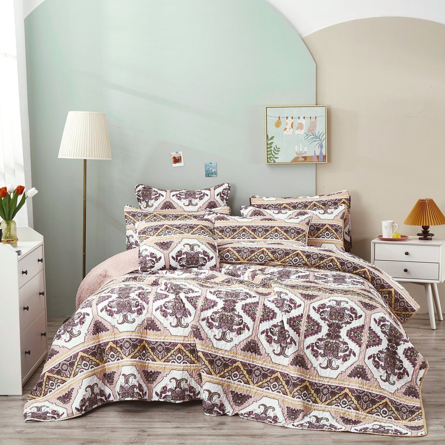 Persian Design Intricate Ornate Print Coverlet w/ Shams