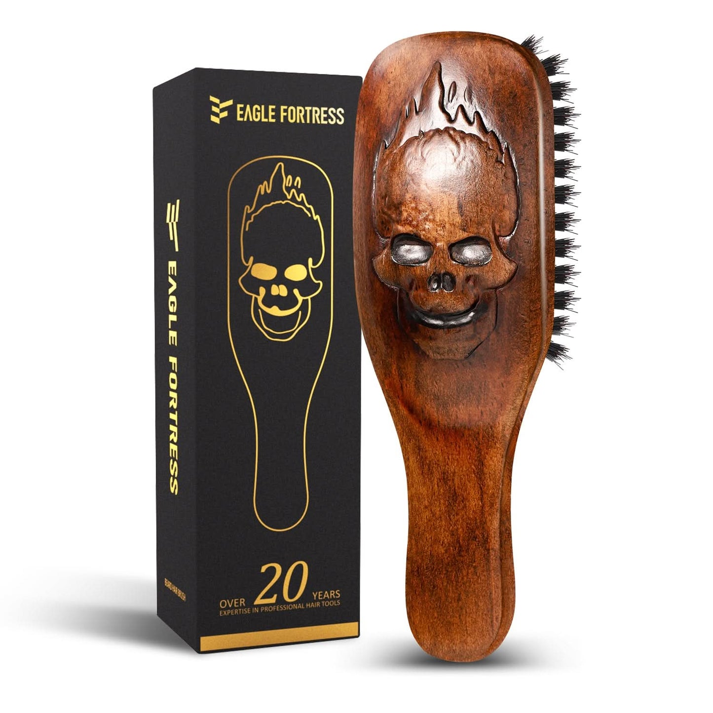 Wooden hairbrush with skull design next to its packaging box on a white background