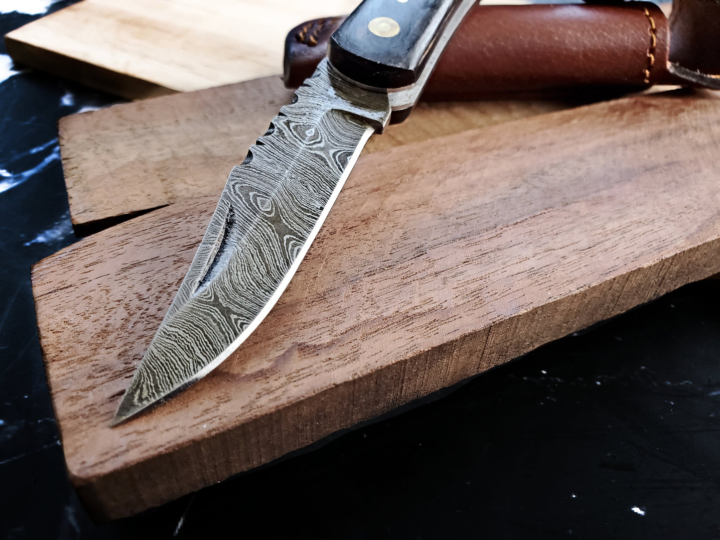 1095 Damascus Steel with Pekka & Walnut Wood Pocket Knife & Sheath TF-009