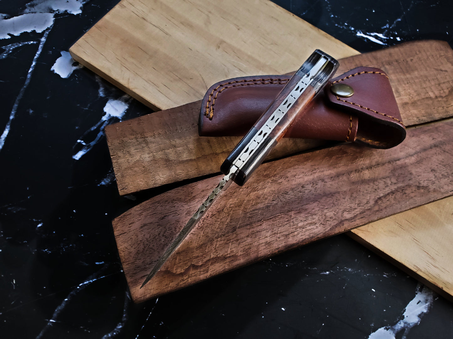 1095 Damascus Steel with Pekka & Walnut Wood Pocket Knife & Sheath TF-009