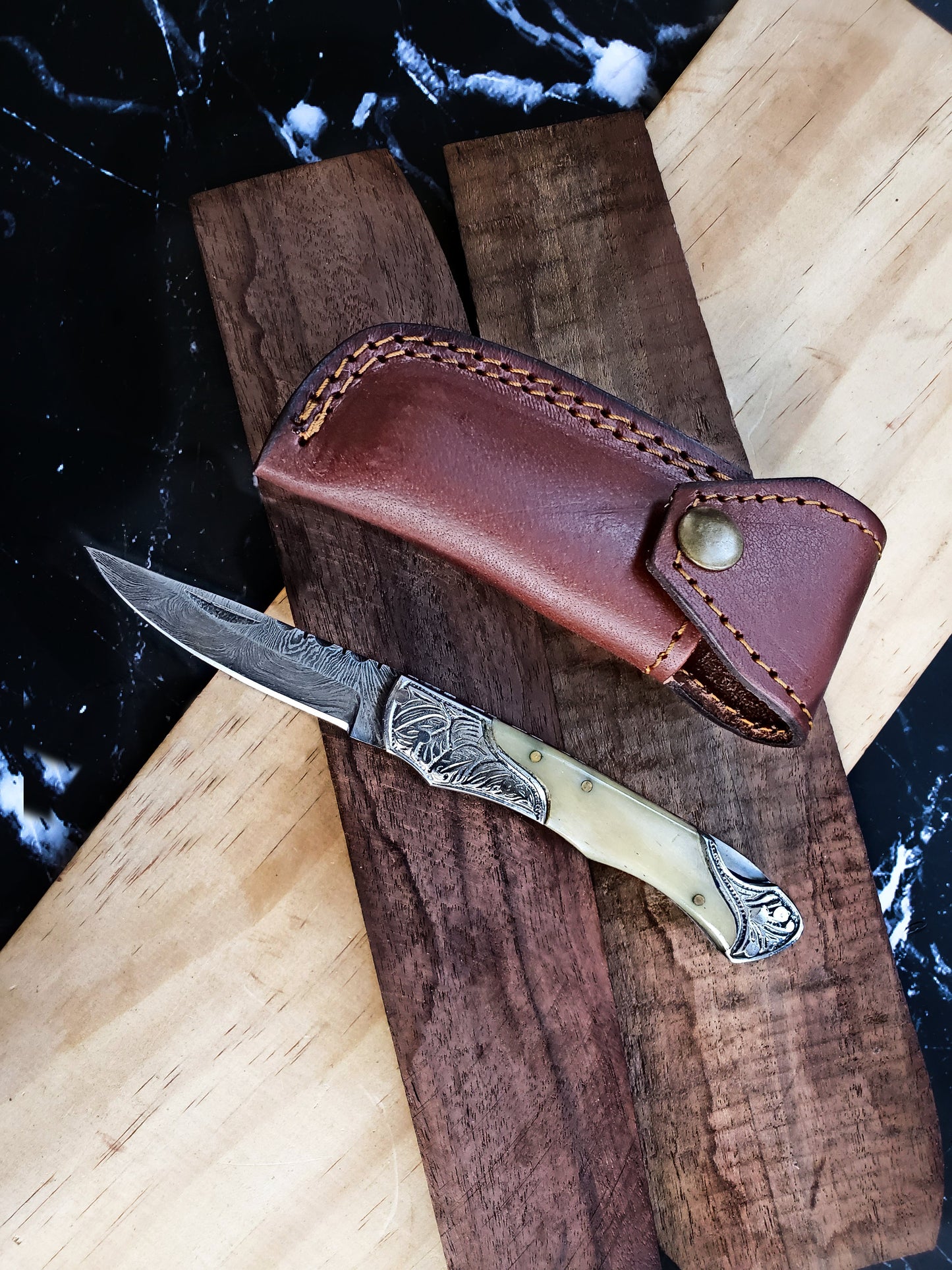 Bone and Steel Engraved Engraved Handle Damascus Steel 6.5" TF-005