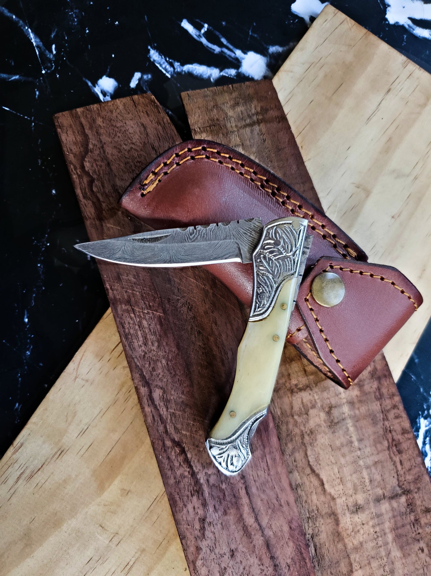 Bone and Steel Engraved Engraved Handle Damascus Steel 6.5" TF-005