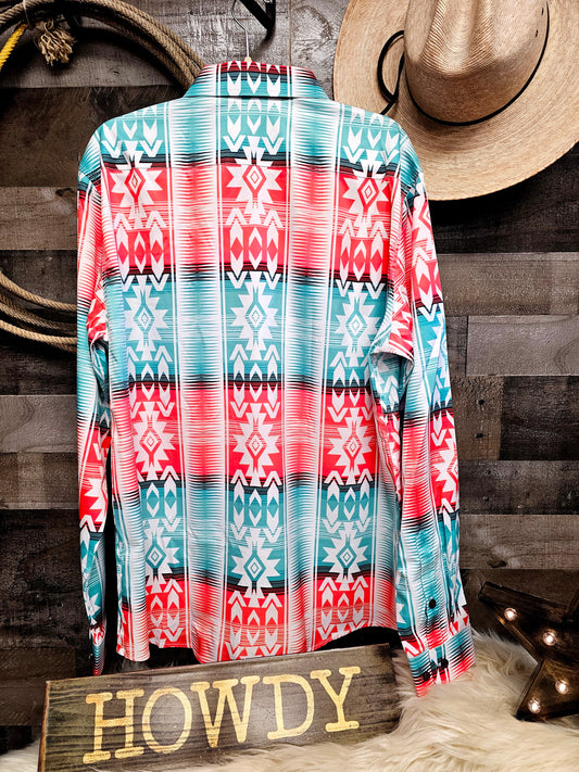 Baha Ranch Western Wear Turquoise Orange Aztec Unisex Western Button Up Shirt