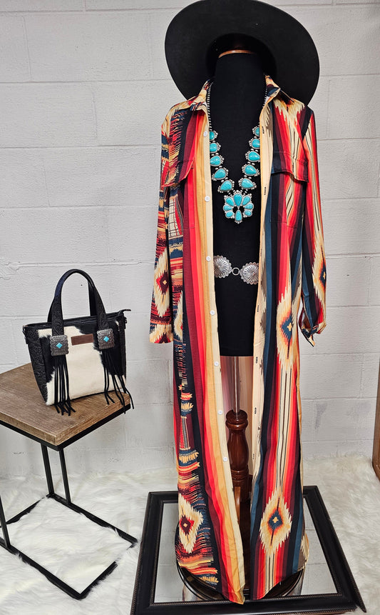 Baha Ranch Western Wear Southwestern Aztec Long Shirt Dress Duster