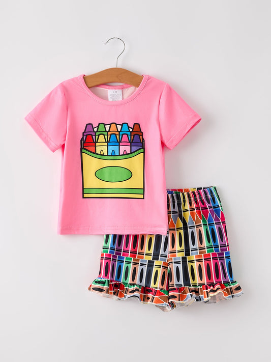 Ruffled Crayon Print Shirt and Shorts Set