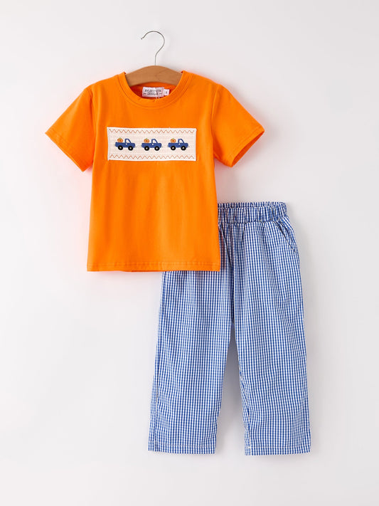 Fall Truck Smock Embroidery Baby Boy Set
