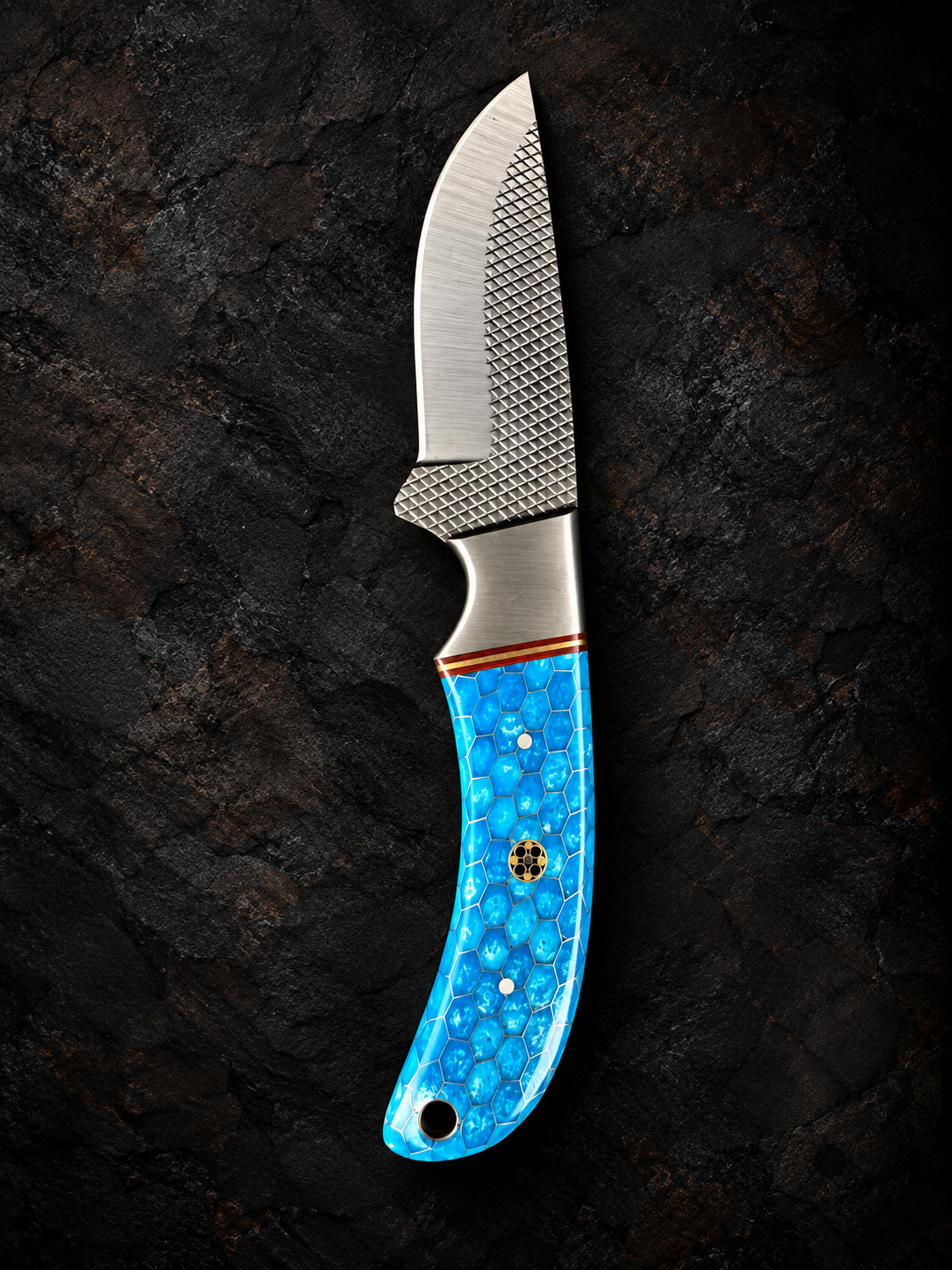 Titan "Blue Trail" Skinner Knife – High Carbon RASP Steel, Blue Honeycomb Resin Handle, Leather Sheath