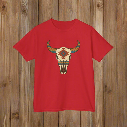 Red t-shirt with a colorful bull skull design on a white background