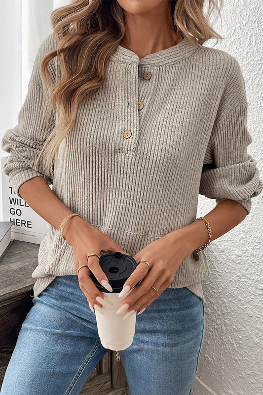 Taupe Ribbed Drop Shoulder Henley Knit Top