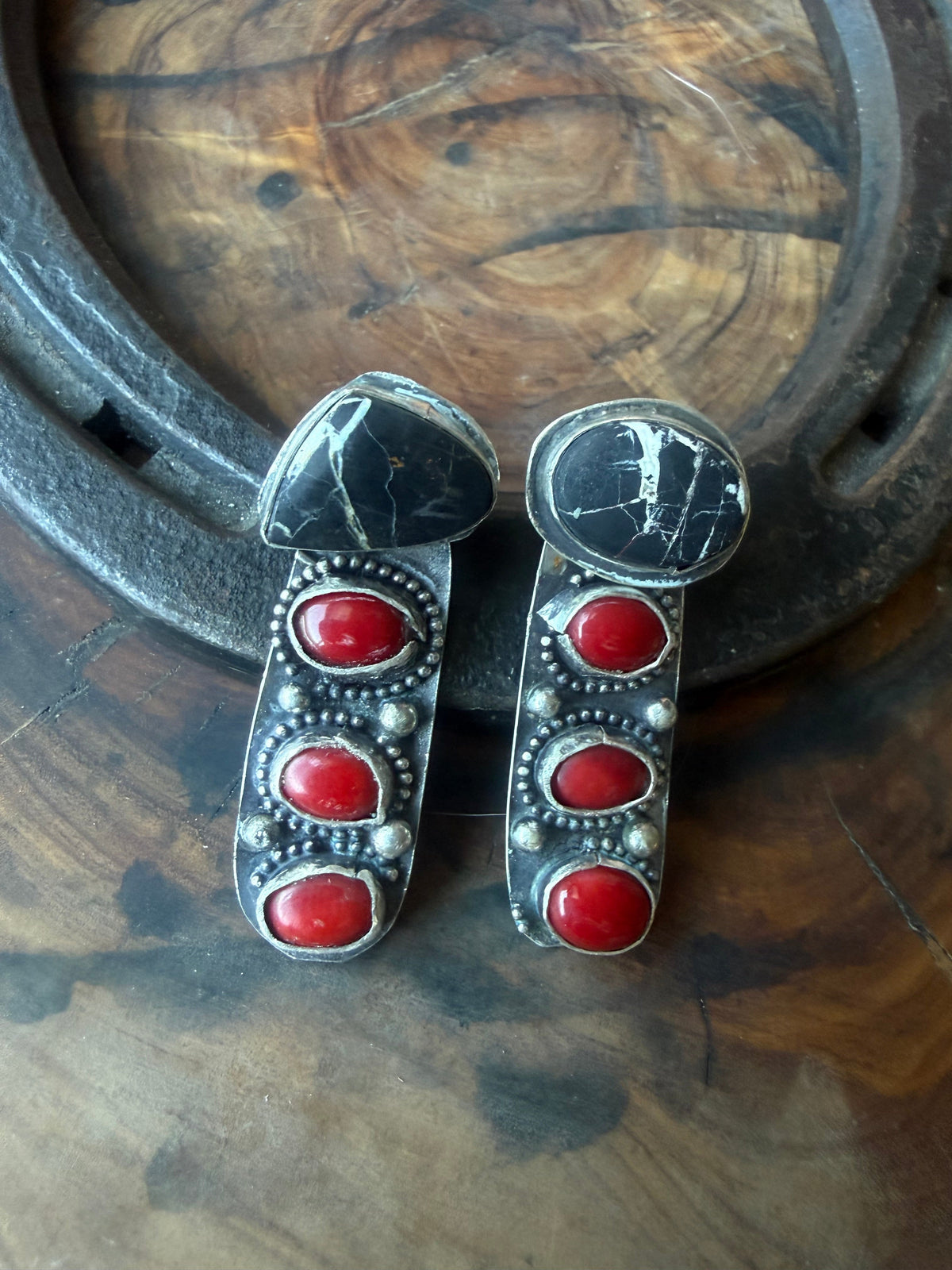 White Buffalo & Mediterranean Coral Earring Jackets by Bootleg Silver Co, handmade in Arizona