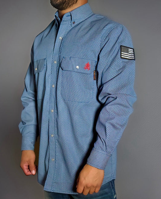 Blue checkered shirt with a logo on the sleeve against a gray background