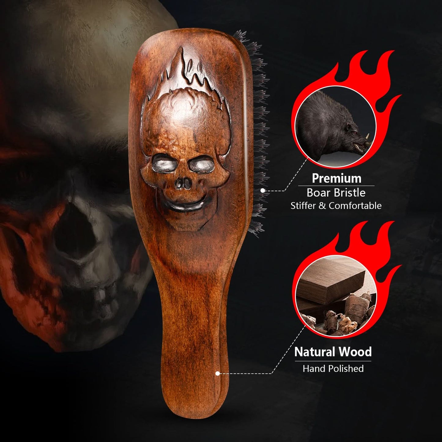Wooden hairbrush with skull design on a dark background