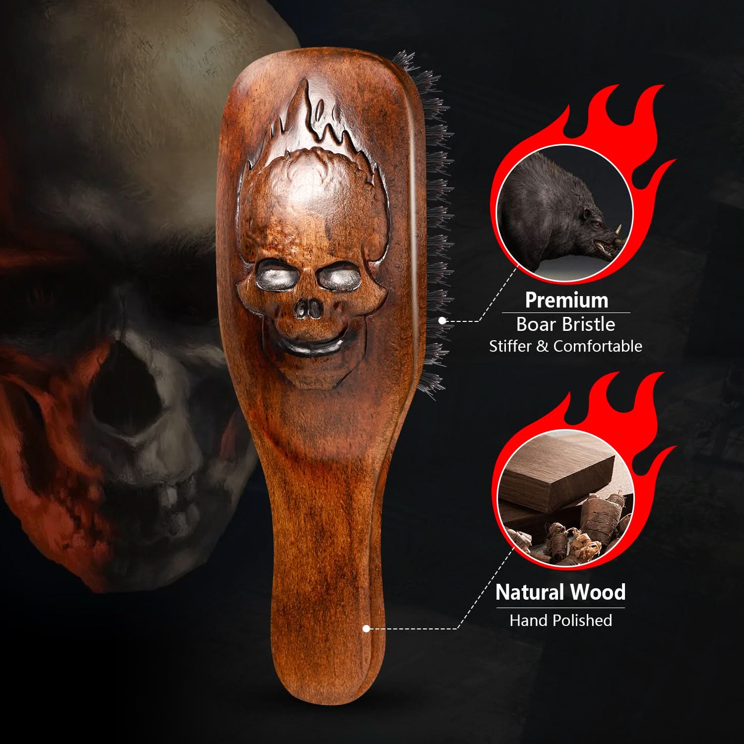 Wooden hairbrush with skull design on a dark background