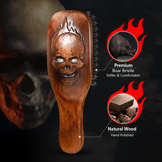 Wooden hairbrush with skull design on a dark background