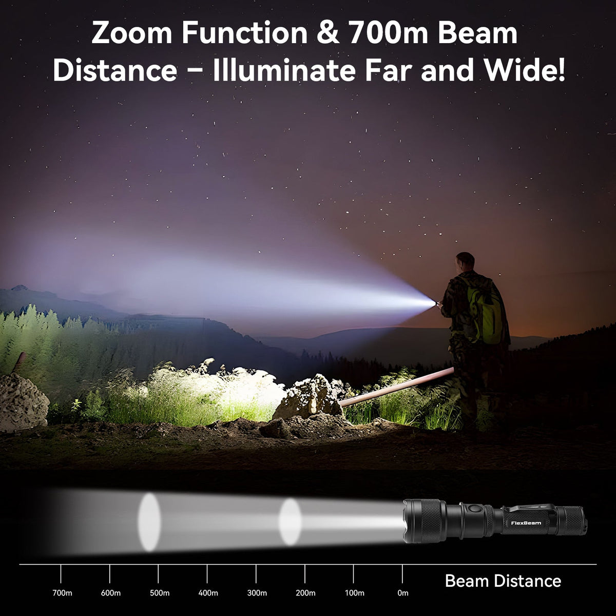 PowerTac FlexBeam 1200 Lumen Zoomable Hunting Flashlight – 700M Range