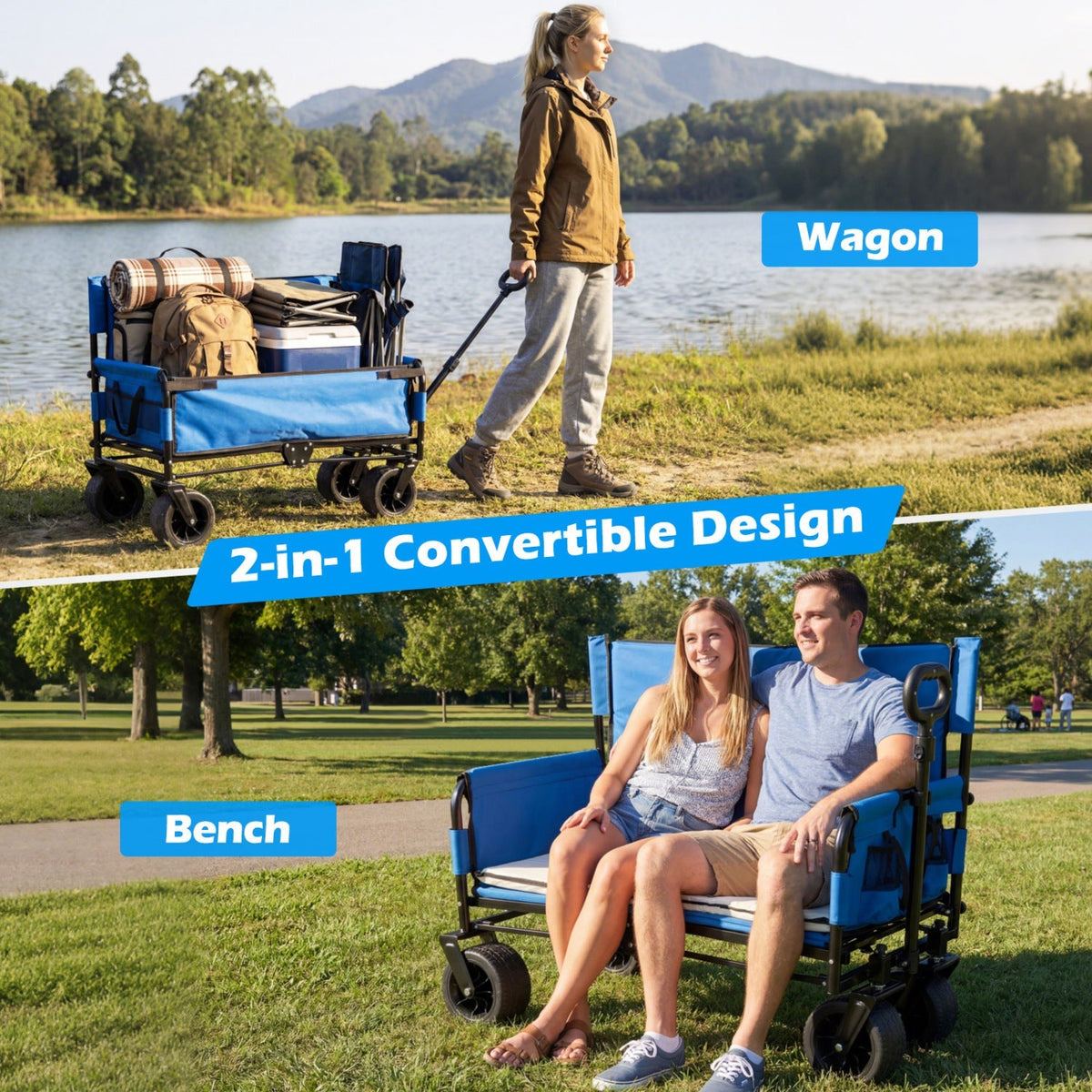 2-in-1 Collapsible Wagon with Bench Seat & Adjustable Handle
