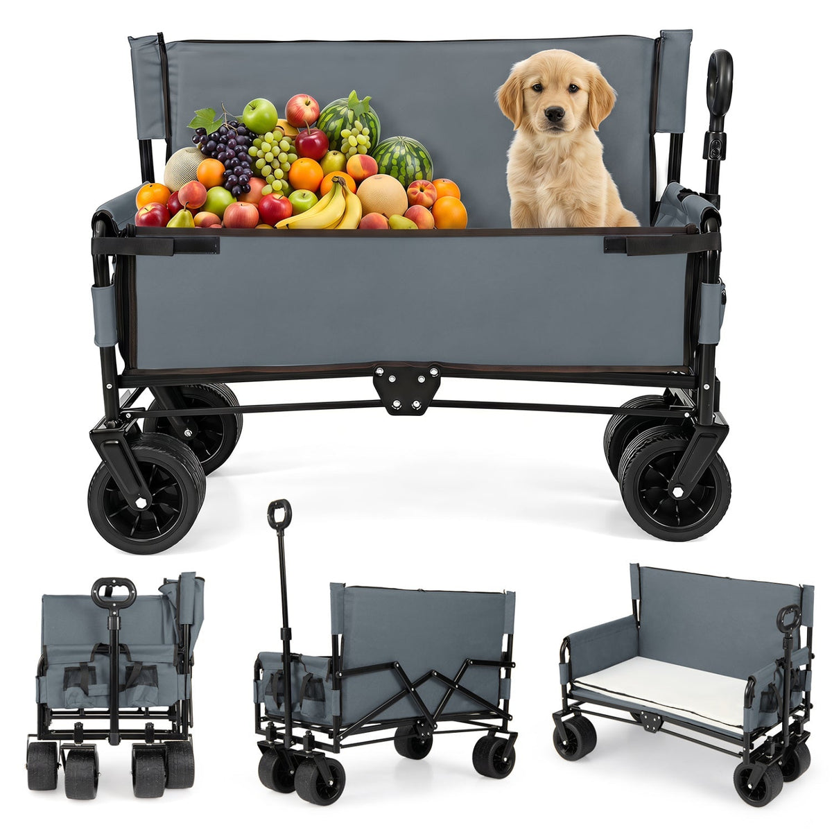 2-in-1 Collapsible Wagon with Bench Seat & Adjustable Handle