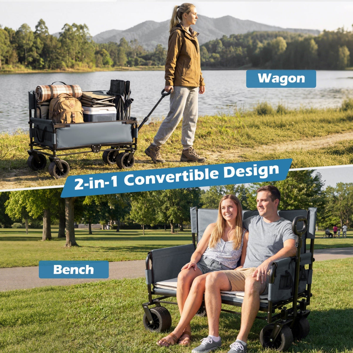 2-in-1 Collapsible Wagon with Bench Seat & Adjustable Handle