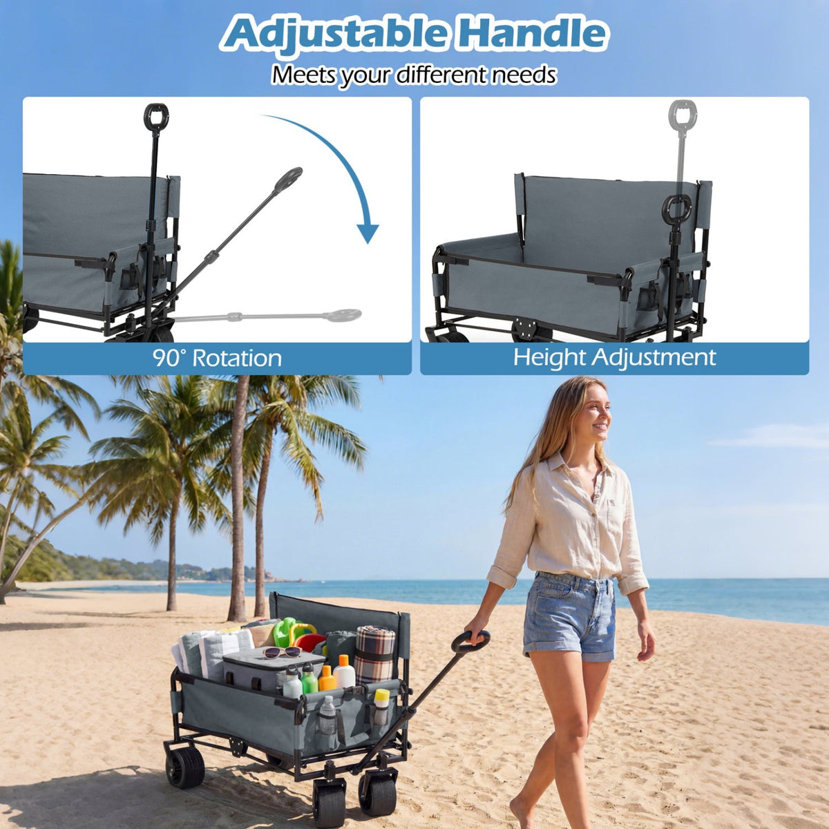 2-in-1 Collapsible Wagon with Bench Seat & Adjustable Handle