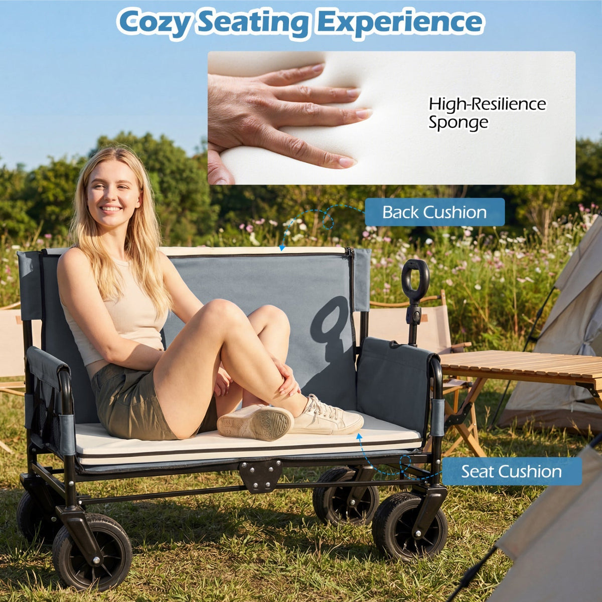 2-in-1 Collapsible Wagon with Bench Seat & Adjustable Handle