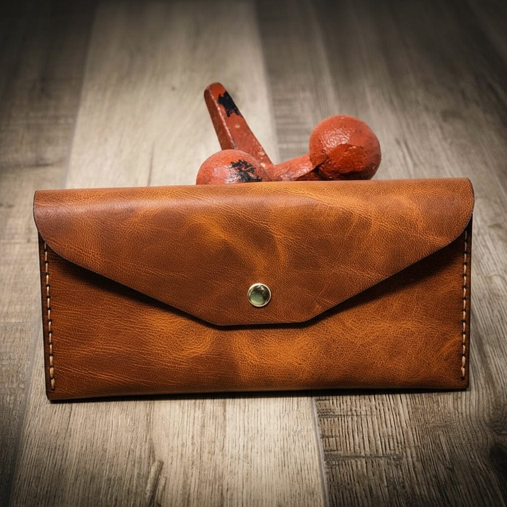 Brown leather wallet with a decorative item on a wooden surface