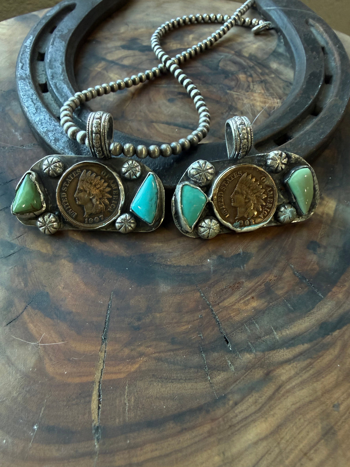 1903 & 1907 Wheat Penny Turquoise Pendant by Bootleg Silver Co – view 2