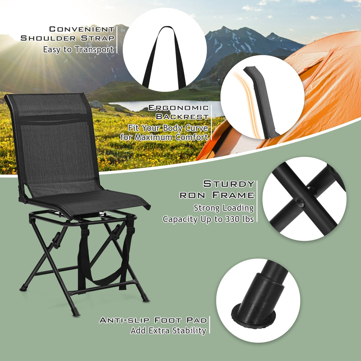 360° Swivel Hunting Chair – Foldable All-Terrain Mesh Seat