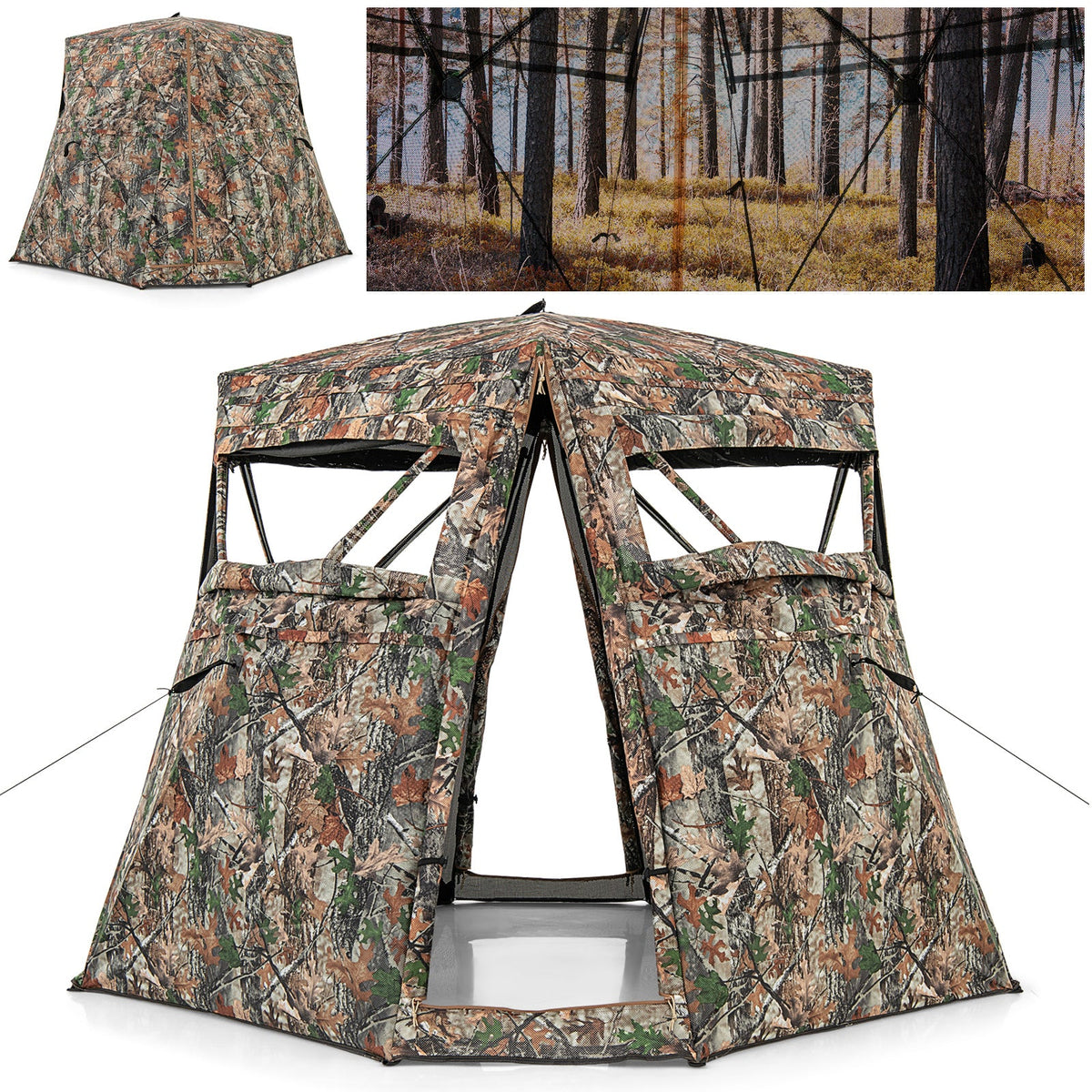 Camouflage hunting blind with additional views of the product and a forest background.