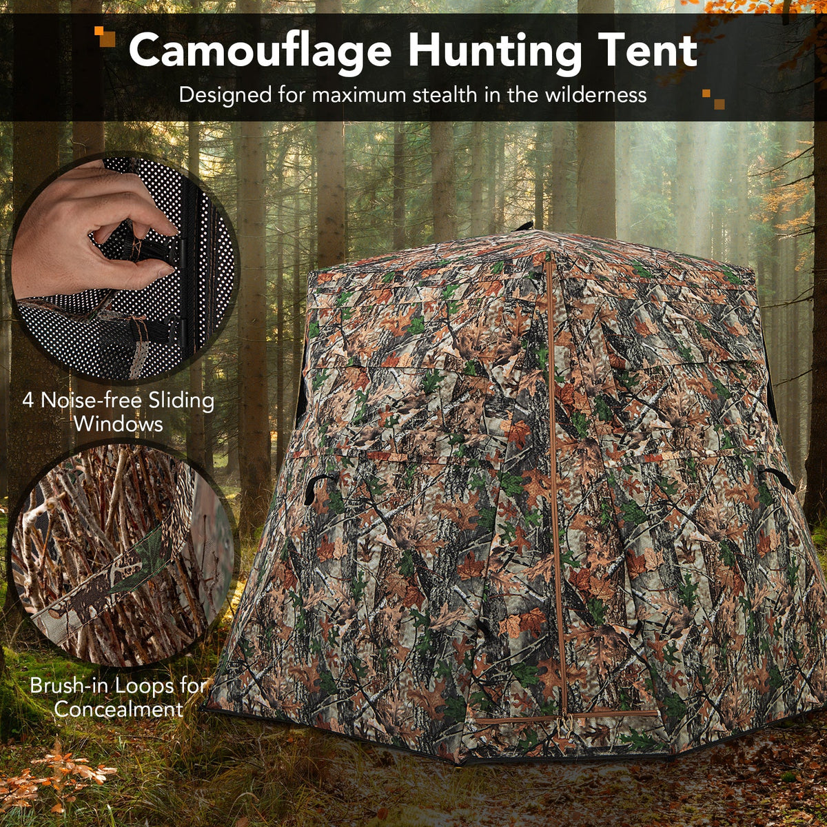 camouflage hunting blind with selling points of noise free windows and brush in loops.