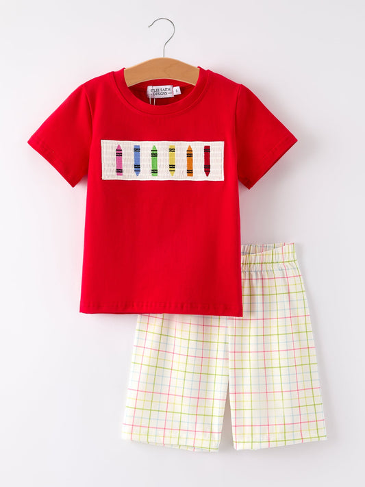 Back to School Pencil Smock Embroidered Plaid Set