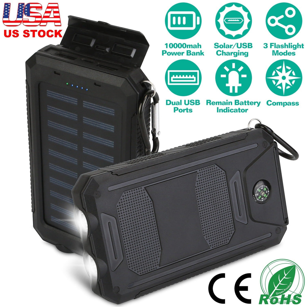 10000mAh Solar Power Bank – Dual USB Outdoor Portable Charger