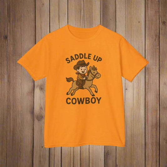 Orange t-shirt with a cowboy graphic and text on a white background