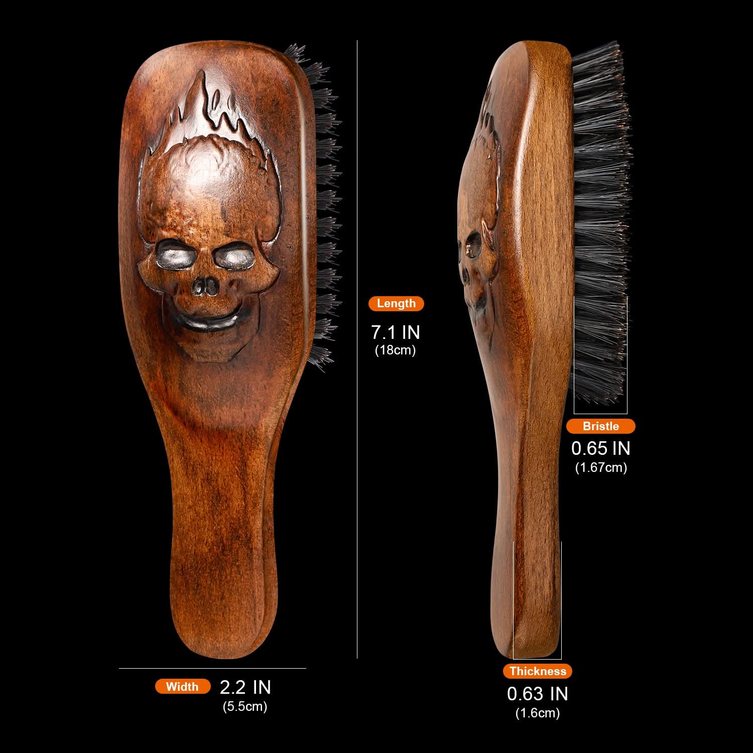 Wooden brush with skull design on a black background