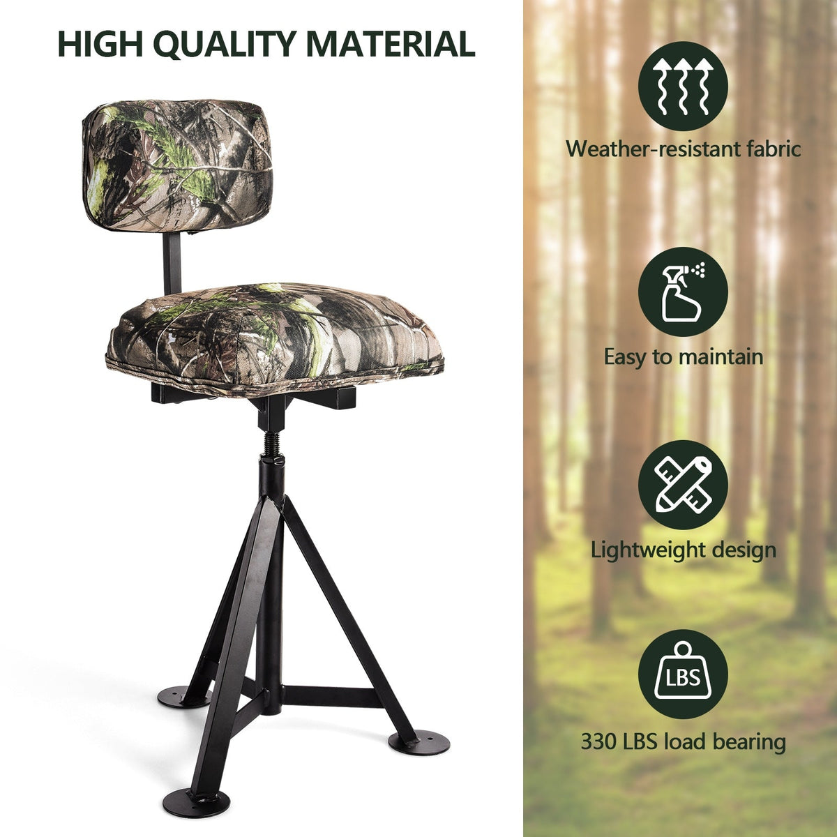 360° Swivel Hunting Chair with Backrest – Adjustable Tripod Stool