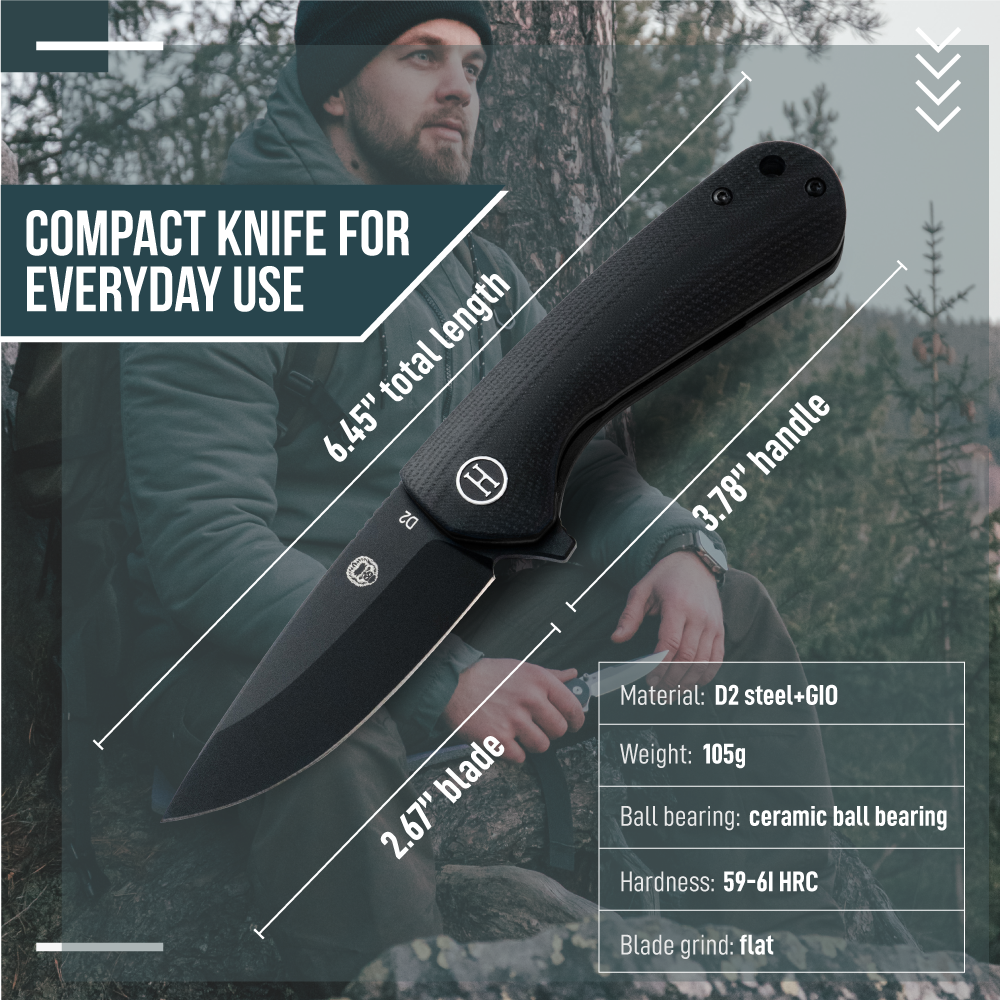 Compact knife for everyday use with measurements and specifications displayed.
