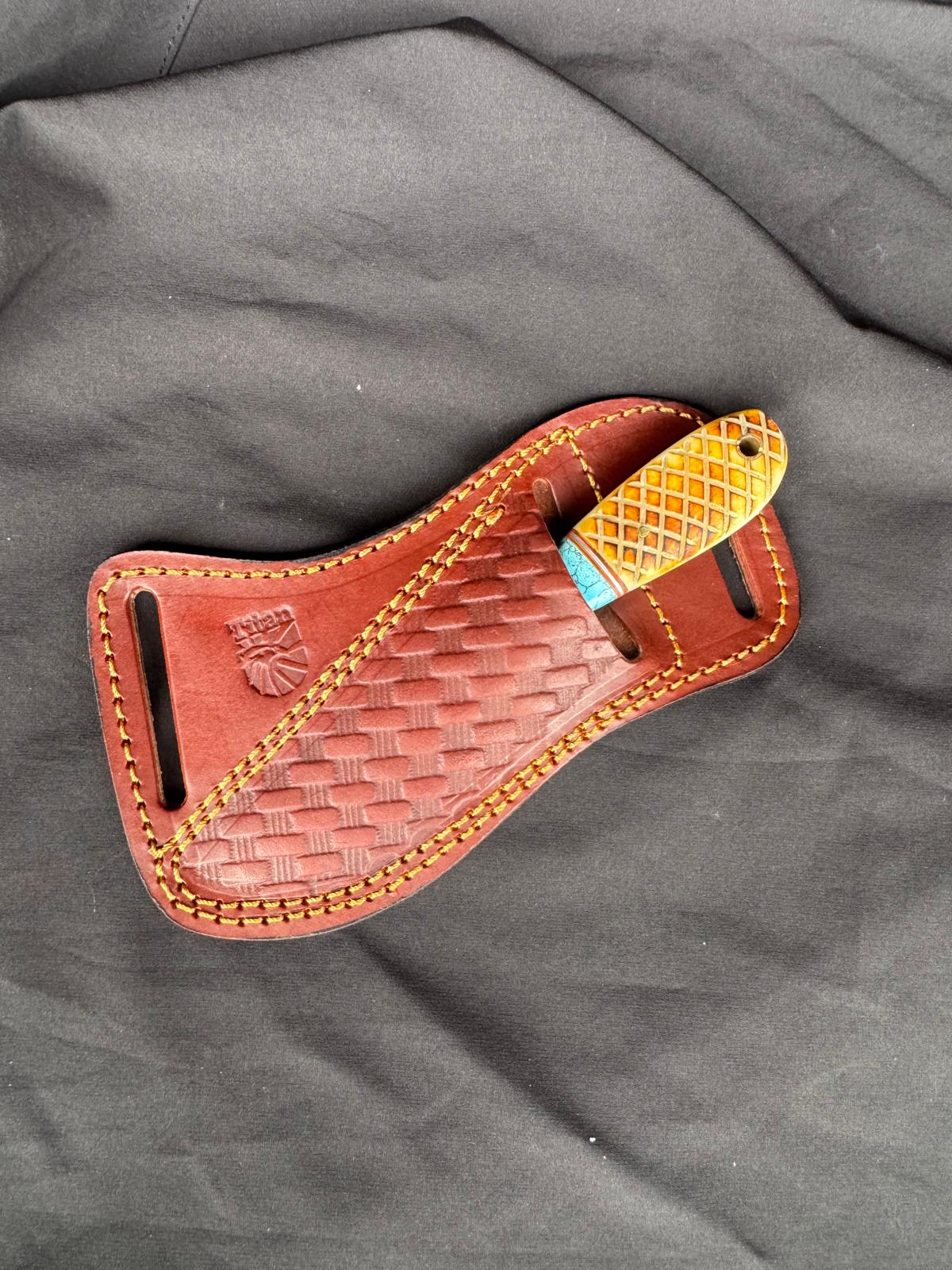 Titan "Amber Turquoise" Damascus Gut-Hook Skinner – Bone & Turquoise Inlay Handle, Leather Sheath