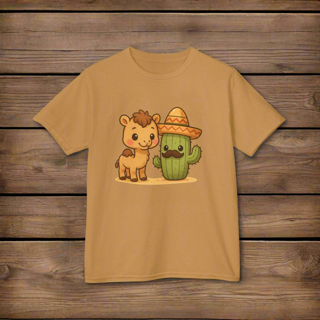 Brown t-shirt with a cartoon horse and cactus wearing a sombrero on a white background