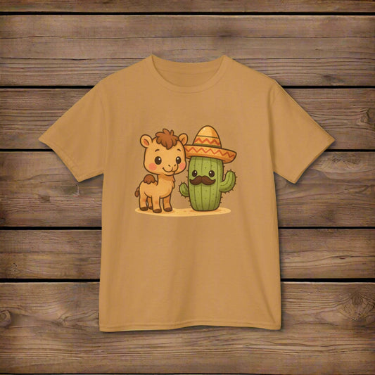 Brown t-shirt with a cartoon horse and cactus wearing a sombrero on a white background