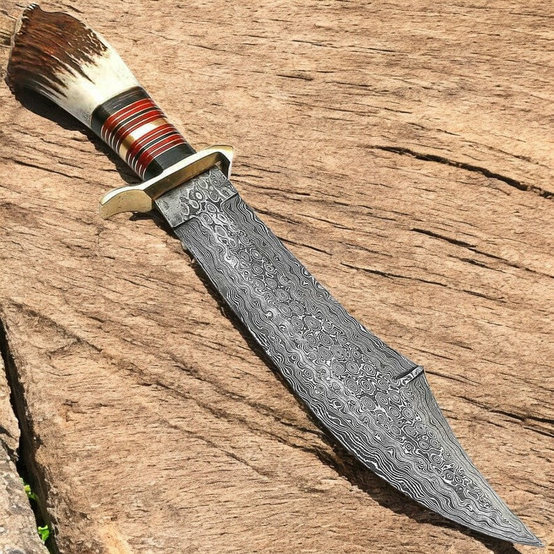 Handmade Damascus Bowie Knife – 16" with Stag Bone Handle