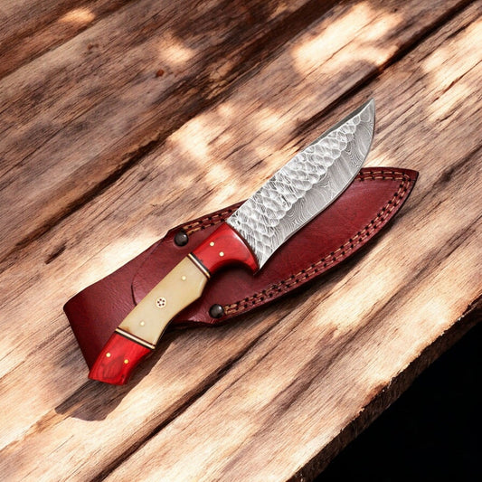 Handmade Damascus Hunting Knife – Bone & Wood Handle