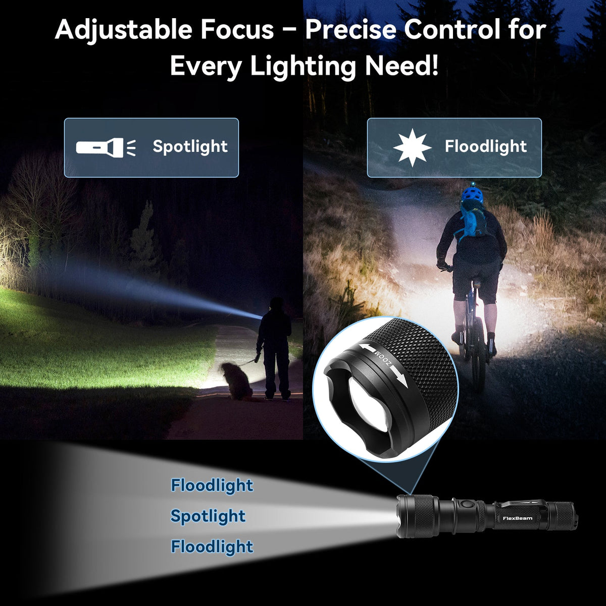 PowerTac FlexBeam 1200 Lumen Zoomable Hunting Flashlight – 700M Range