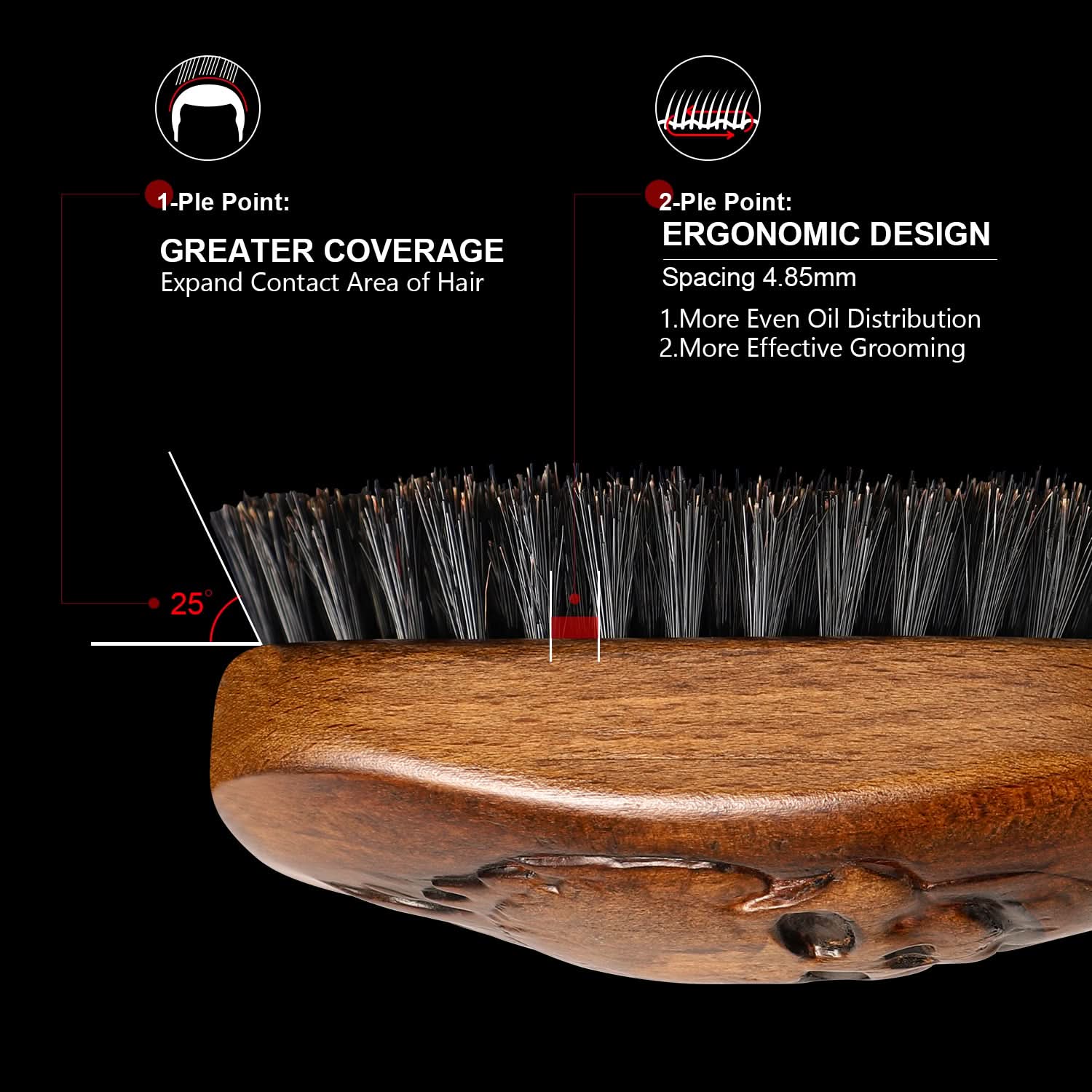 Wooden hairbrush with bristles on a black background, highlighting features like greater coverage and ergonomic design.