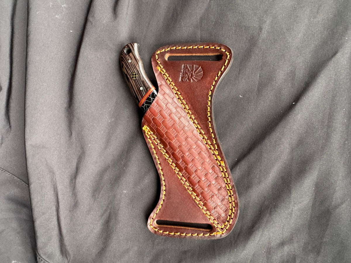 Titan "Honeycomb Timber" Skinner Knife – High Carbon RASP Steel, Wood & Honeycomb Inlay Handle, Leather Sheath