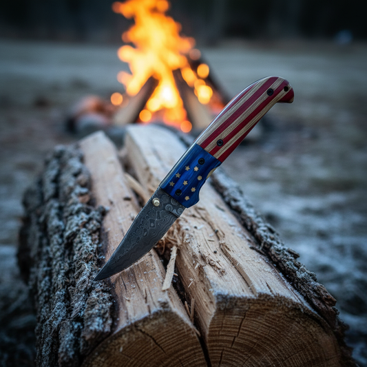 Knife with a colorful handle on a log in front of a campfire