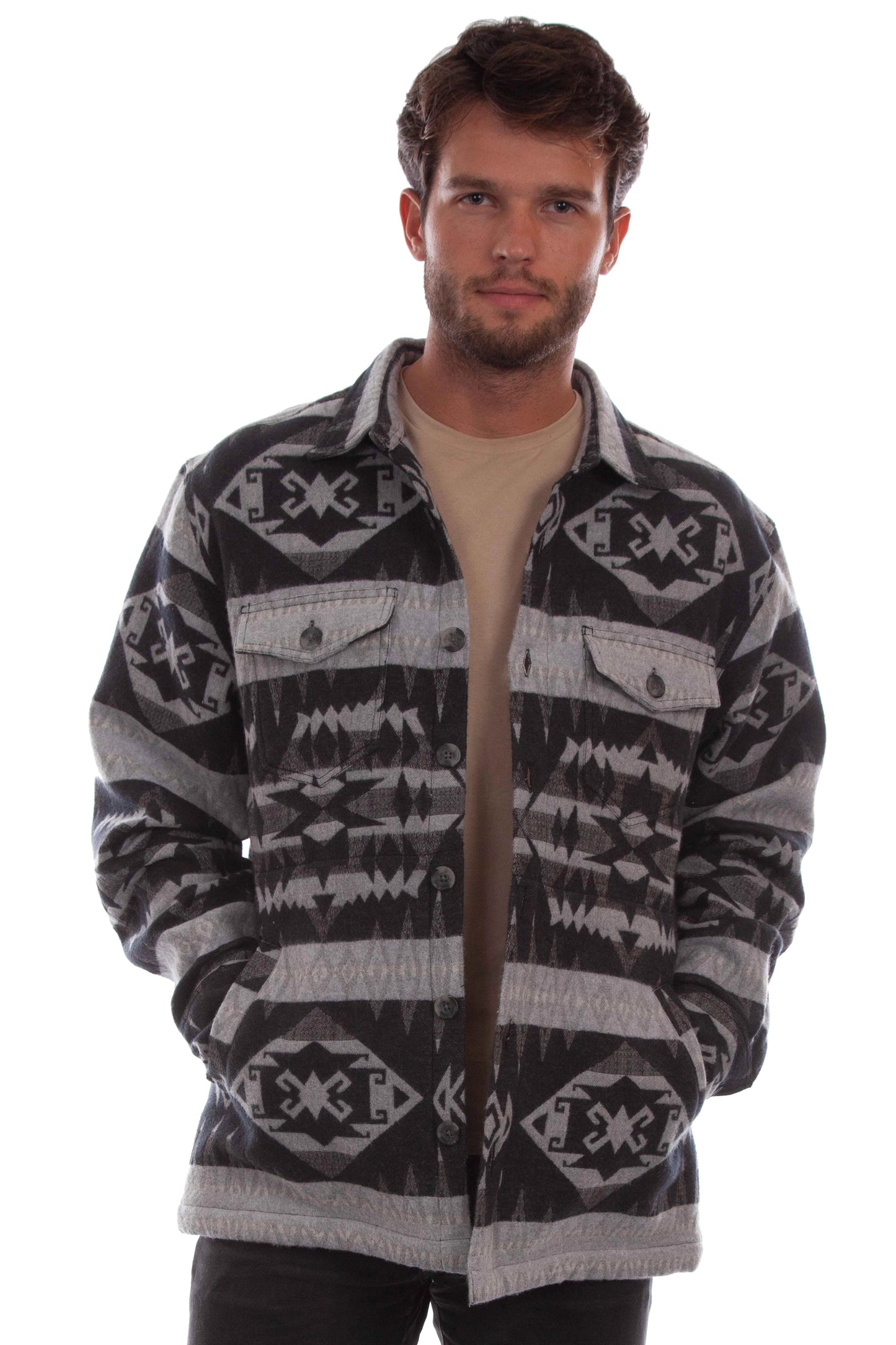 Man wearing a patterned jacket on a white background