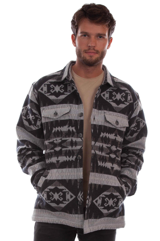 Man wearing a patterned jacket on a white background