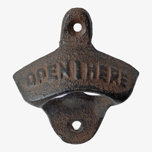 Open Here Cast Iron Bottle Opener - Vintage Rustic Wall-Mounted Bar Accessory for Home, Kitchen & Patio