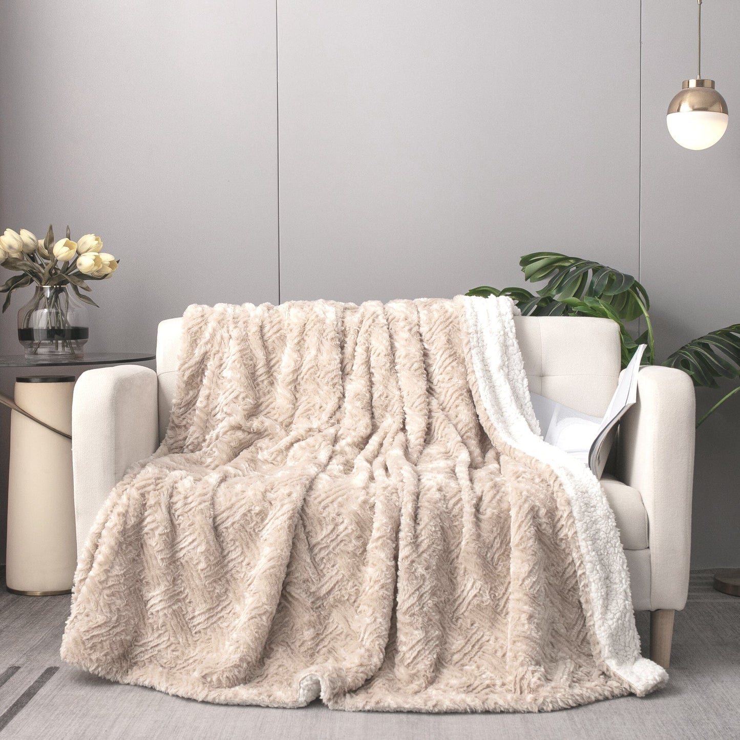 Champagne Ivory Faux Fur Throw Blanket - Dreamy Gold Geometric Embossed Sherpa Backside - Super Soft Warm Cozy Plush Fluffy